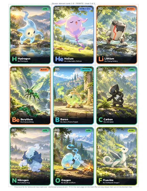 Sheet of nine card fronts: Hydrogen, Helium, Lithium, Beryllium, Boron, Carbon, Nitrogen, Oxygen and Fluorine as Elemon monsters